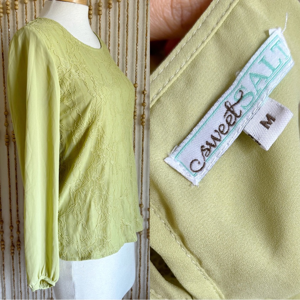 Sweet Salt Light Green Lace Long Sleeve Boho Playground Prep Fairycore Blouse M - Picture 2 of 5